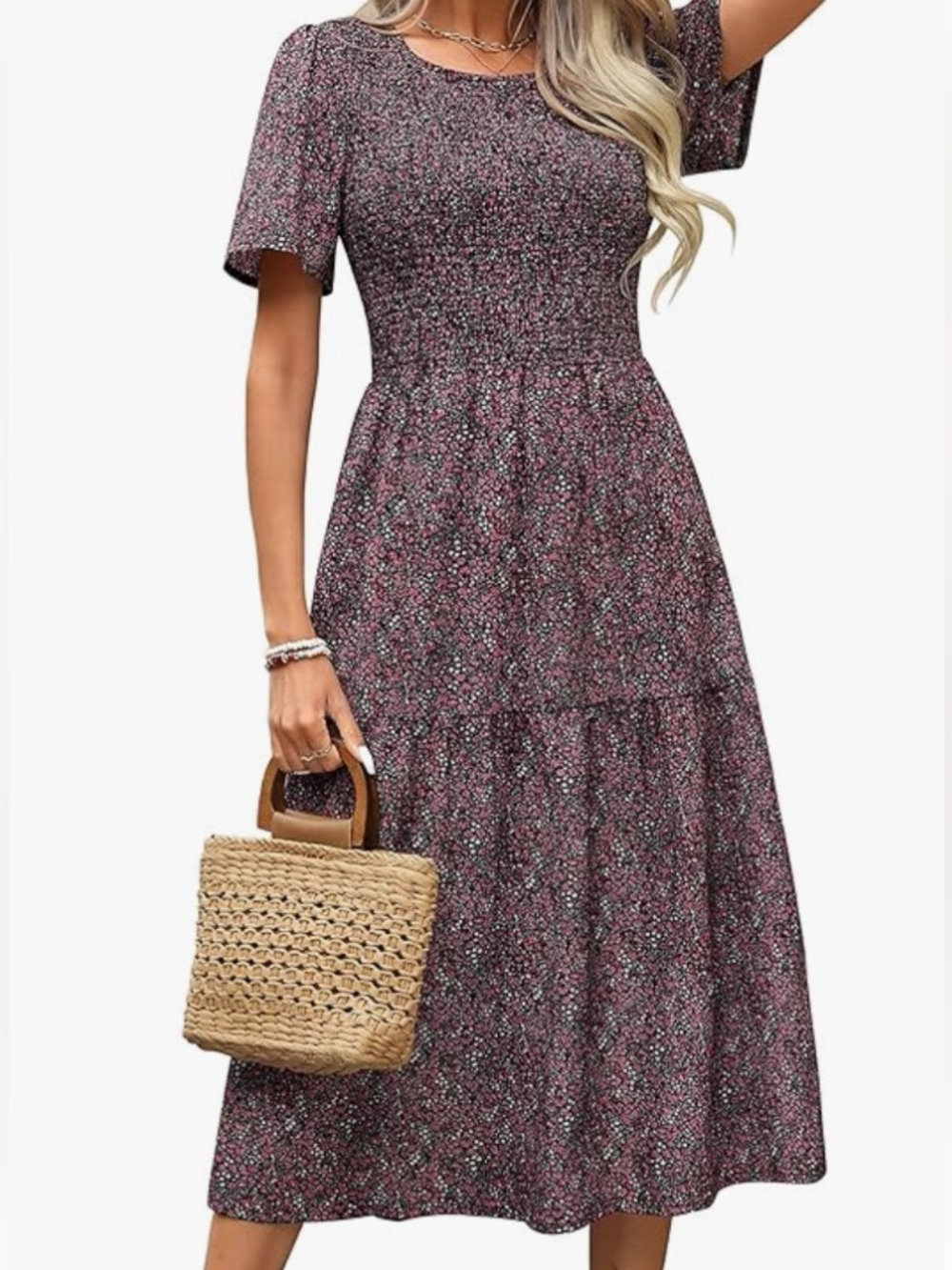 Women’s Ellakoko Floral print Short Sleeve Smocked Summer Midi Dress